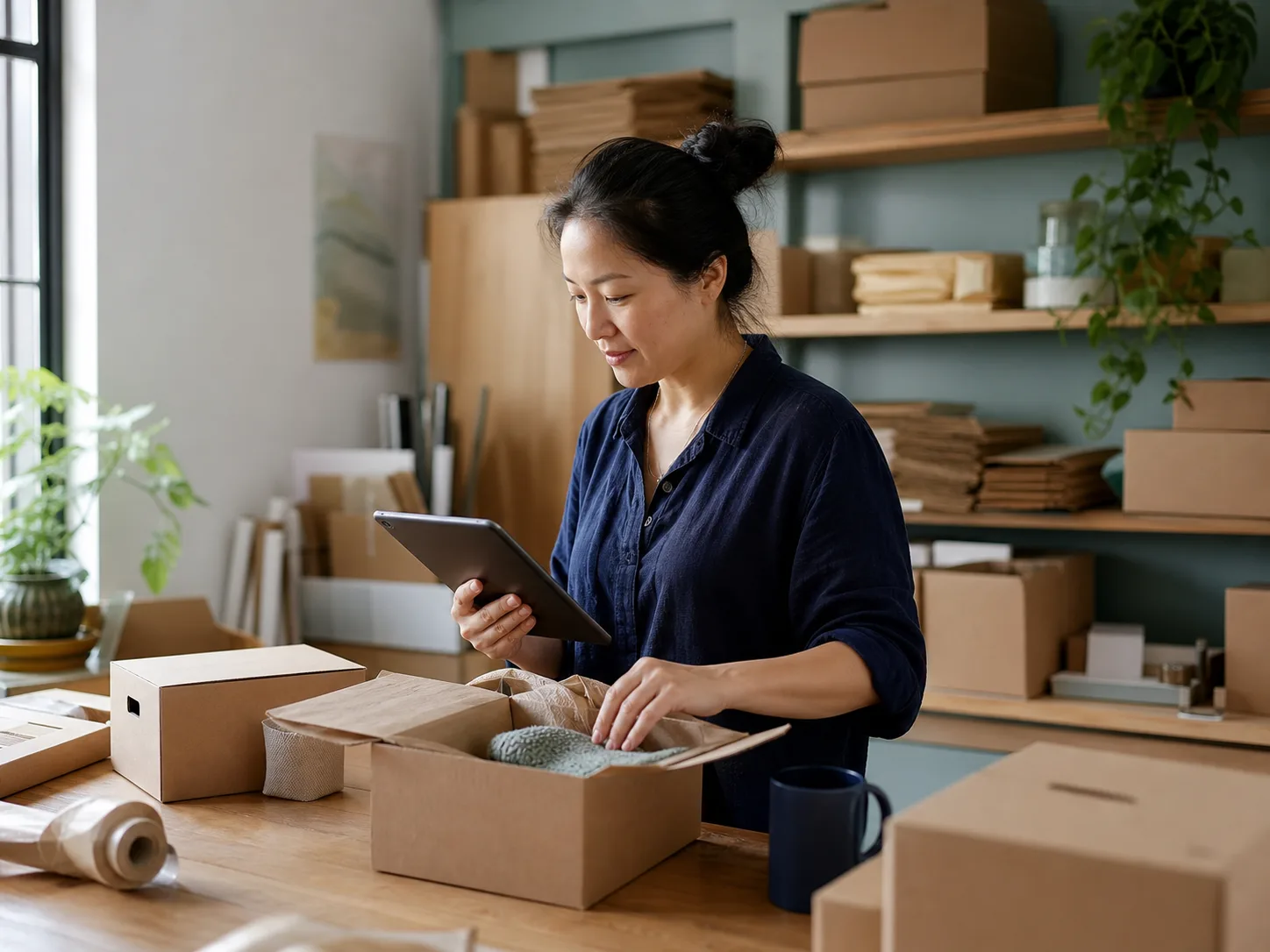 An e-commerce owner working in an organized fulfilment studio
