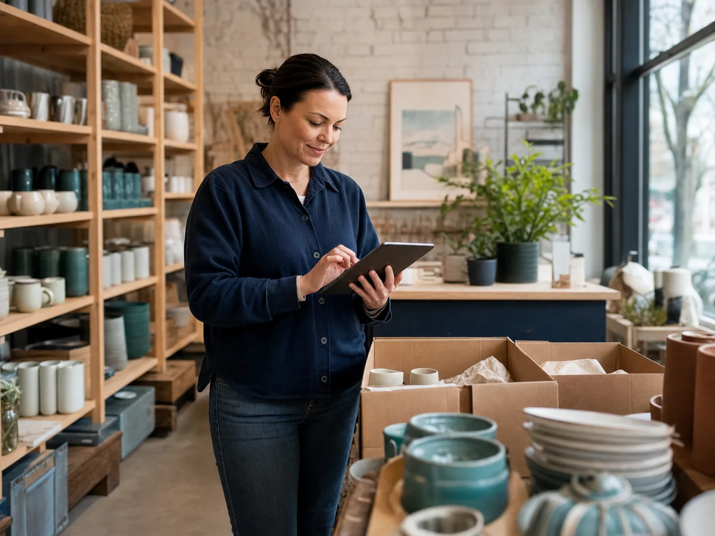 A small business owner organizing inventory in an independent shop