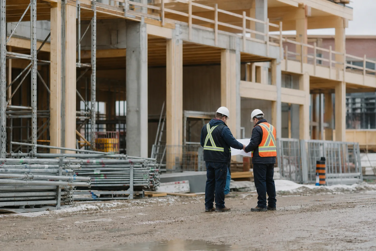 Contractors reviewing plans on a commercial construction project